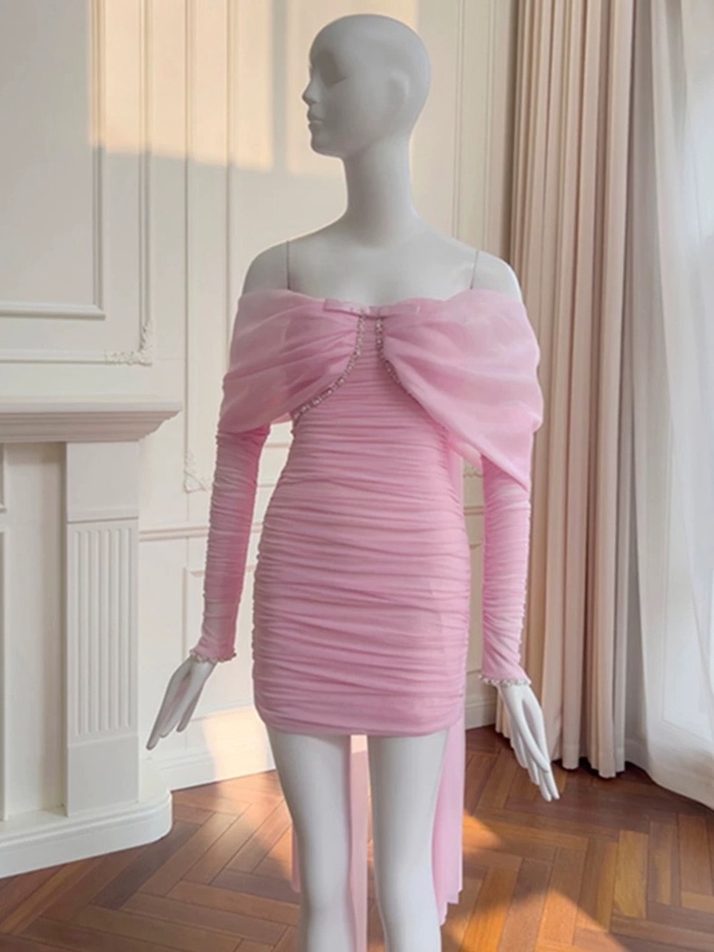 Pink Off Shoulder Ruched Mini Dress Pearl Trim Sheer Sleeve Party S